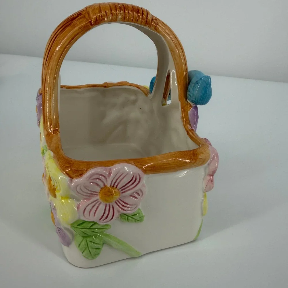 Teleflora Floral Basket Planter Blue Birds Multicolor Ceramic Spring Cottagecore